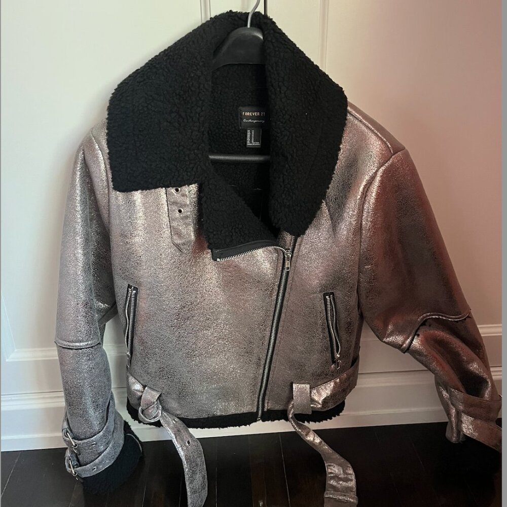 Silver Faux Shearling Moto Jacket Size M